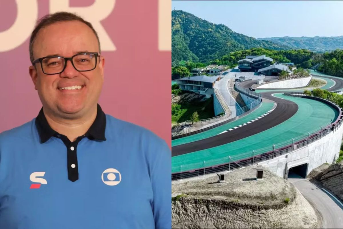 Narrador da f1 - Everaldo Marques, ao lado esquerdo a pista da F1 no Japão