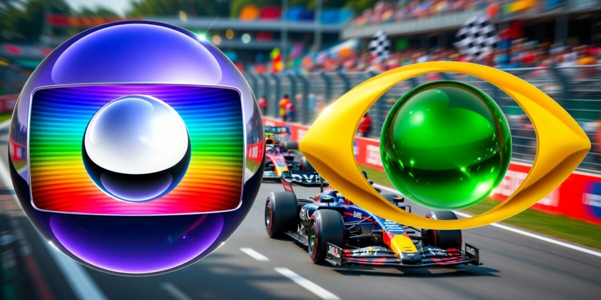 Logo da Globo e da Band lado a lado com o fundo em uma corrida de Fórmula 1