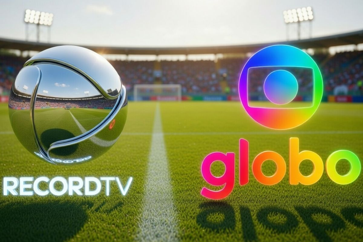 Record TV x Globo com um campo de futebol ao fundo