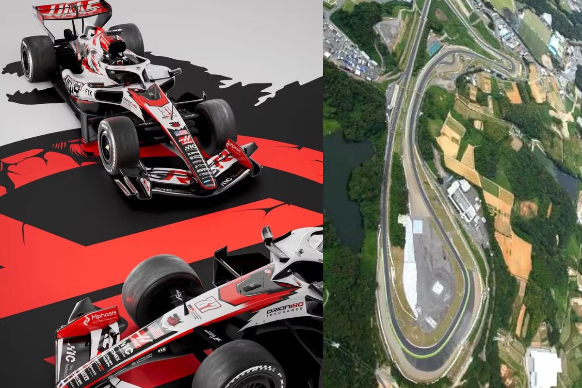 Carro de Fórmula 1 da Haas em parceria com a Godzilla para o GP do Japão, ao lado esquerdo: o circuito de Suzuka