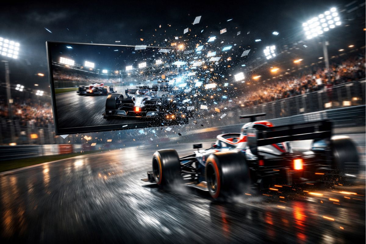 Carro de fórmula 1 na pista enquanto uma tela se desintegra em sua frente