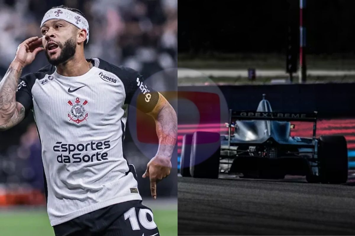 Jogo de futebol (representado por Memphis Depay) e um carro de fórmula 1 (à direita)