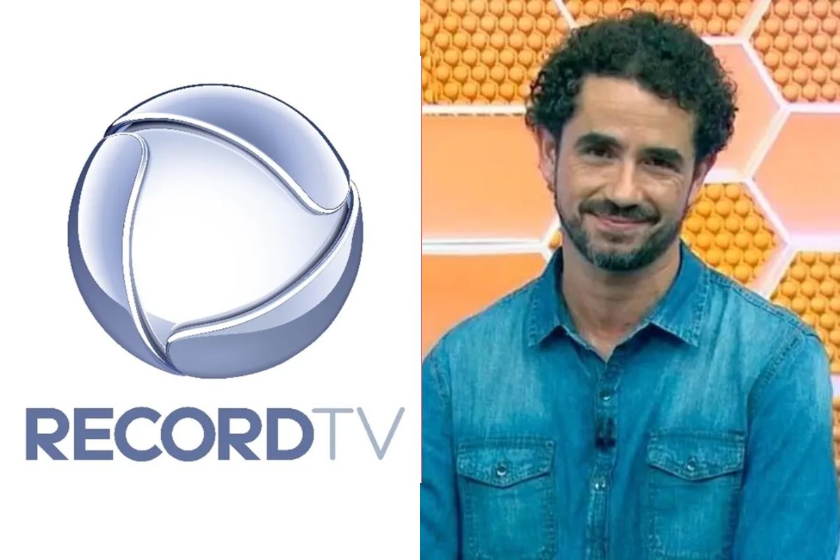 Felipe Andreoli ao lado da logo da Record