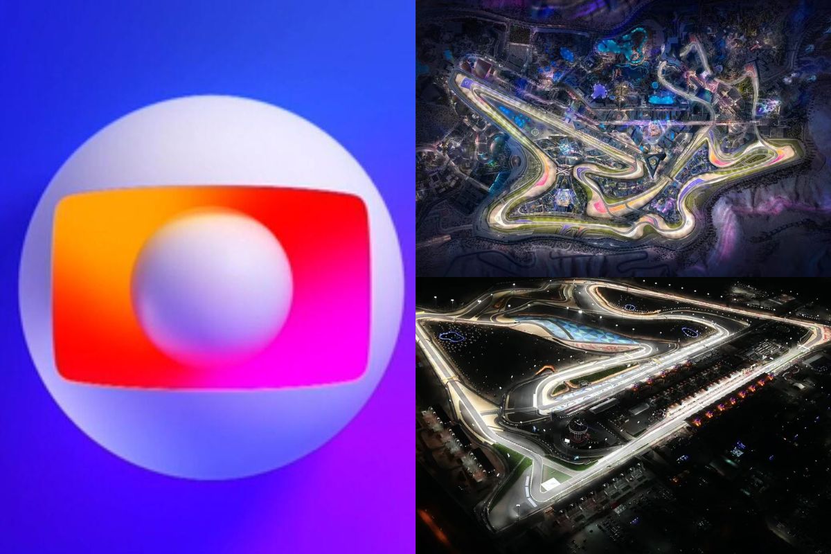 F1 na globo: Logo da emissora ao lado da pista de Bahrein e da Arábia Saudita