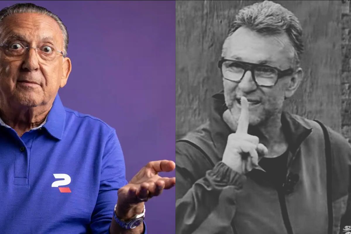 Montagem de fotos com Galvão Bueno de terno azul e Craque Neto com a camisa do Corinthians.