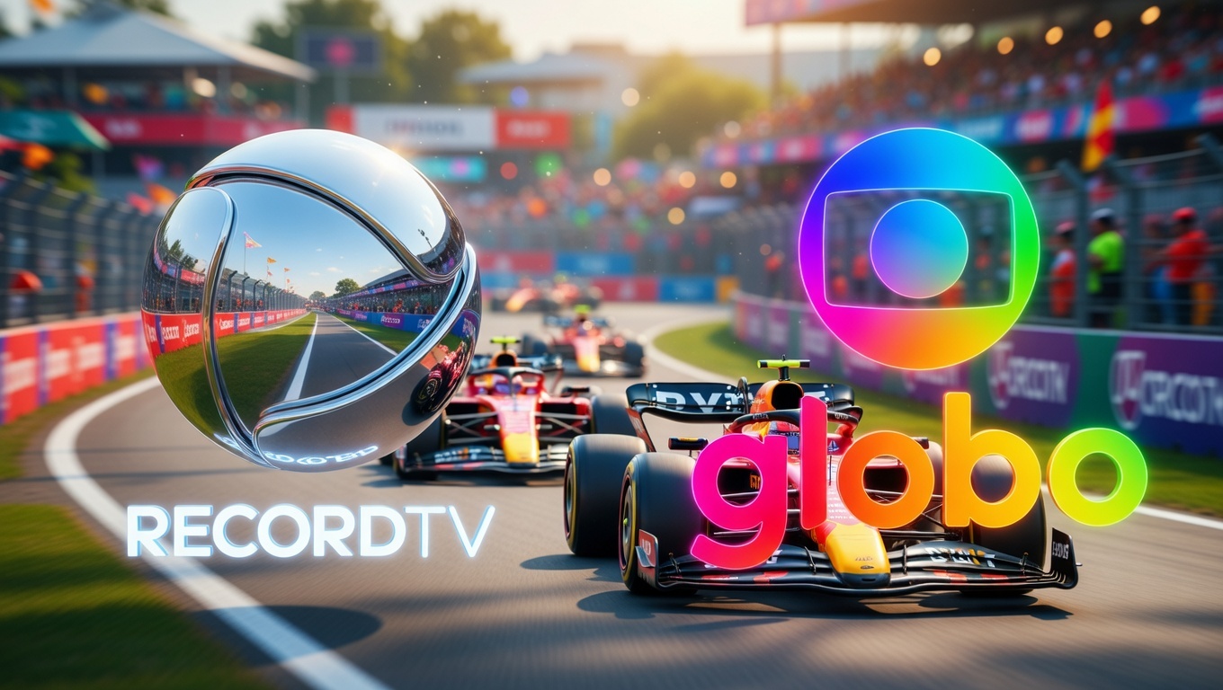 Logo da Record e da Globo lado a lado com o fundo em uma corrida de Fórmula 1
