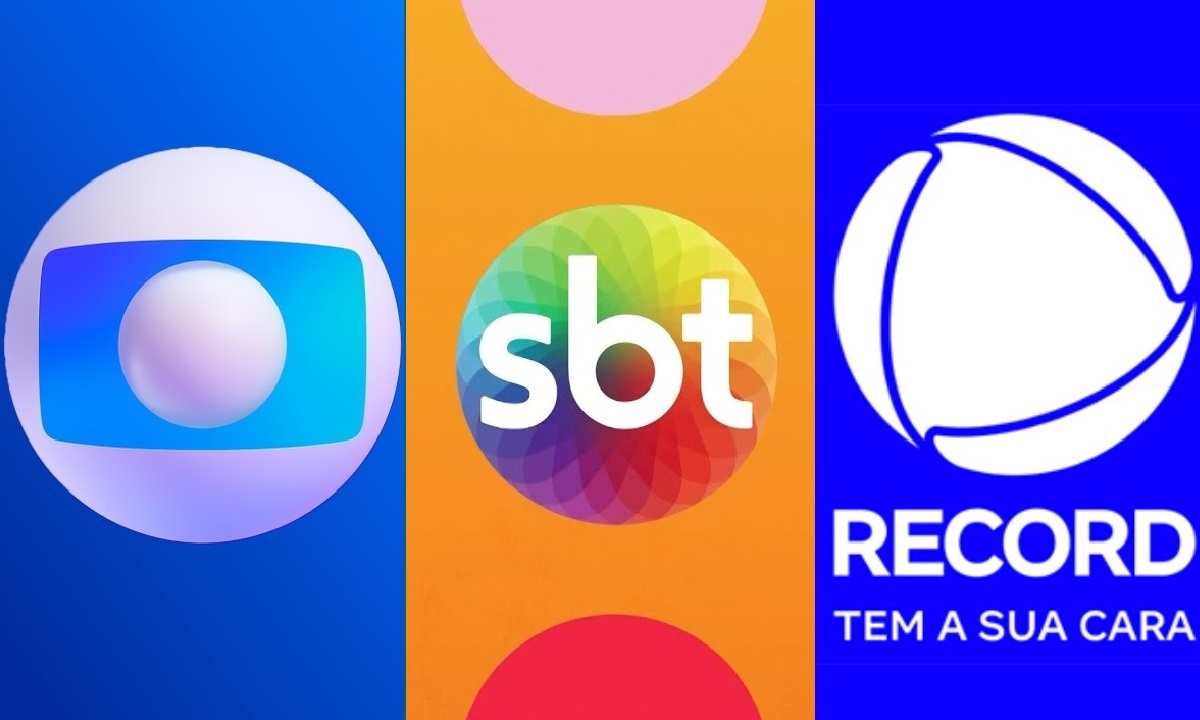 Logos das emissoras de TV brasileiras Globo, SBT e Record em um mosaico.