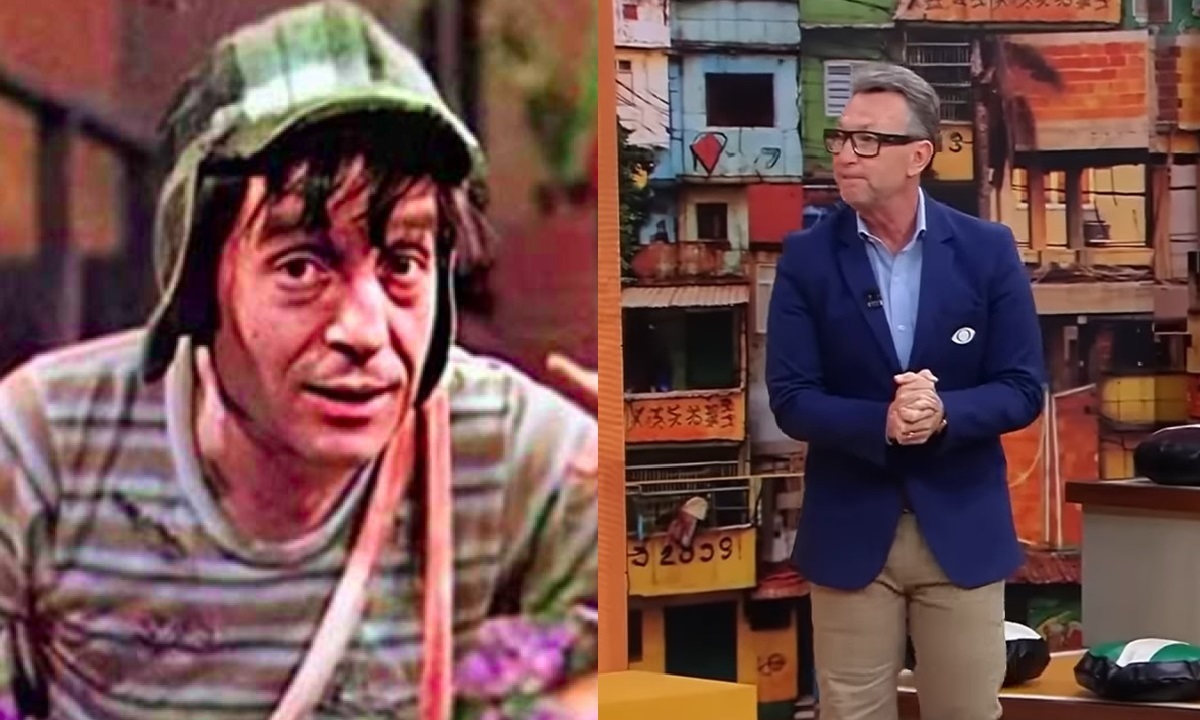 Montagem com o personagem Chaves e o apresentador Tiago Leifert em um cenário de favela