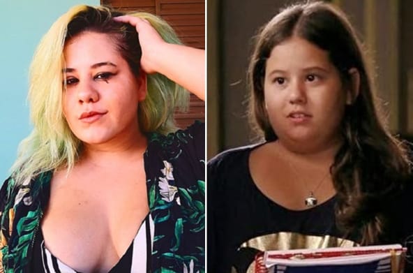 Montagem de fotos com a atriz Mel Maia em duas fases da vida, uma mais jovem e outra mais atual com cabelo colorido.