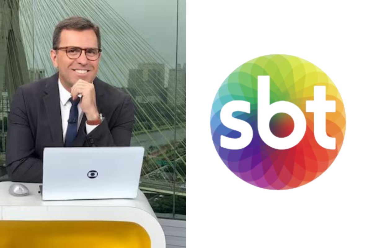 Rodrigo Bocardi ao lado do logo do SBT