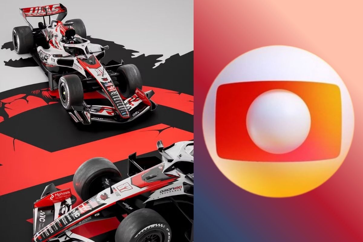 Carro da Haas no GP do Japão ao lado do logo da Globo