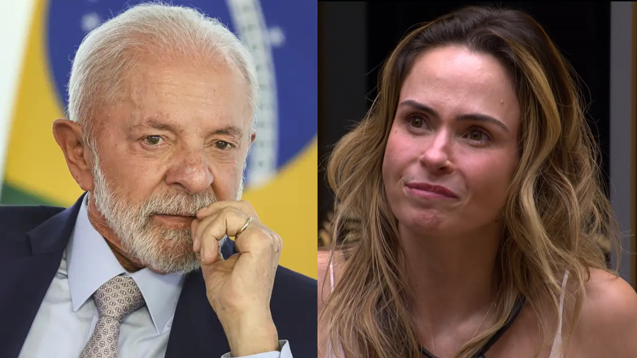 Lula e Yasmin Brunet em montagem de imagem. Lula aparece com a mão no rosto e Yasmin com expressão pensativa.