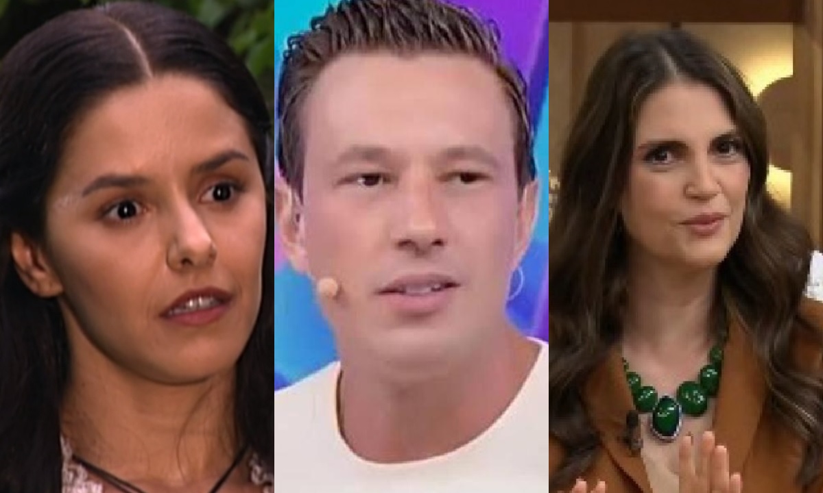 Trio de apresentadores: Thais Fersoza, André Lodi e Giovanna Ewbank em um programa de TV.