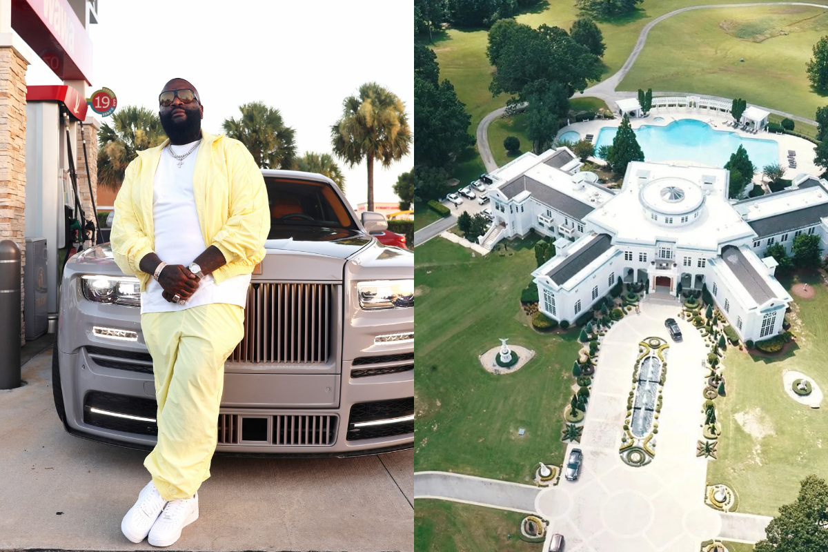 Rick Ross é um rapper, no seu carro e ao lado sua fazenda incrível