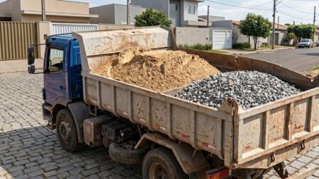 Família compra areia e brita para reformar garagem, mas caminhão descarrega material no terreno vizinho e cobrança pela retirada gera disputa sobre endereço