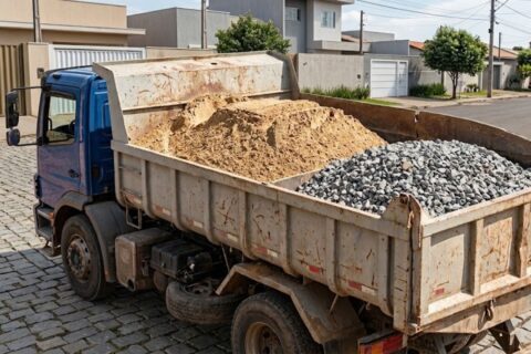 Família compra areia e brita para reformar garagem, mas caminhão descarrega material no terreno vizinho e cobrança pela retirada gera disputa sobre endereço