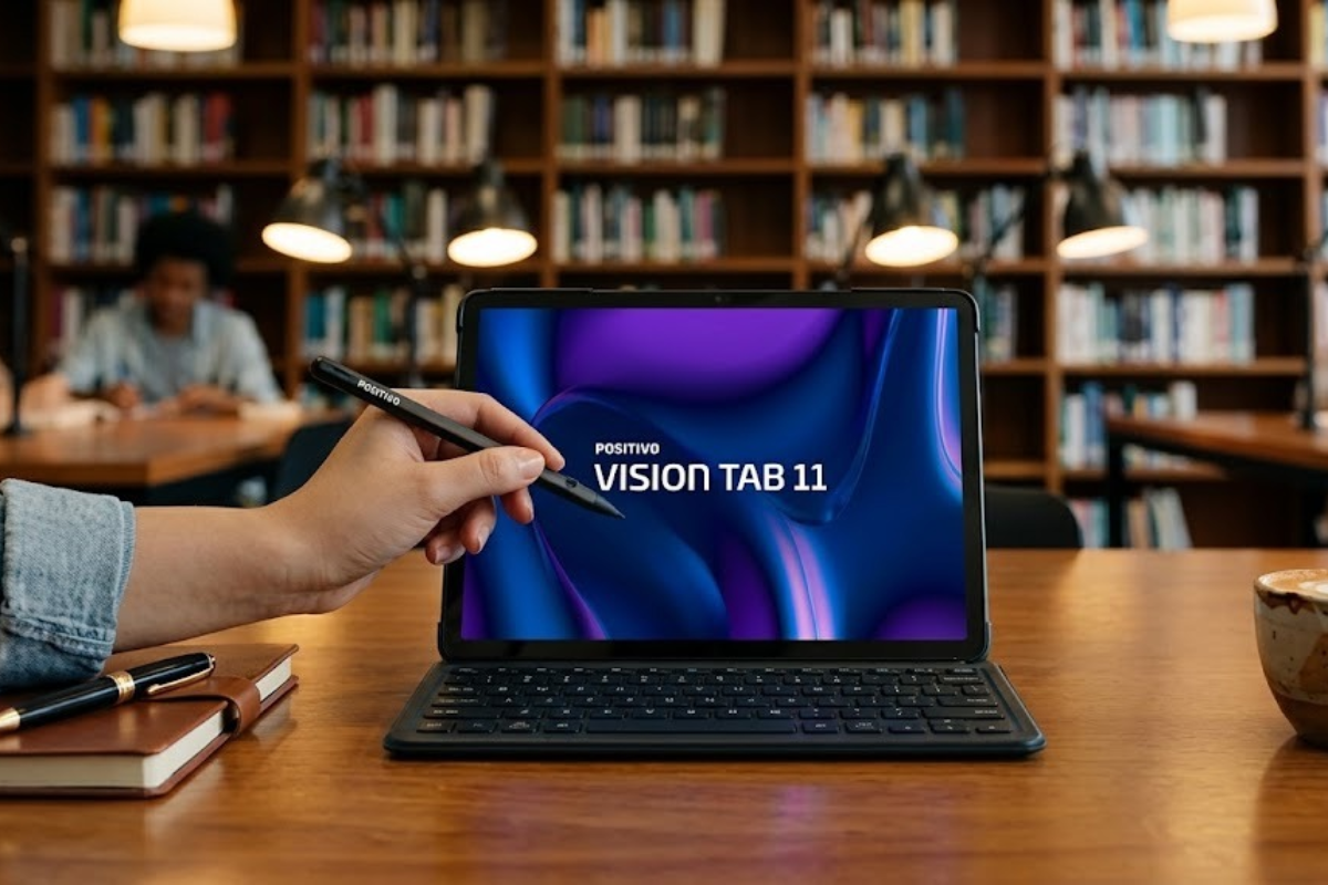 Positivo Vision Tab 11 com um fundo de livros