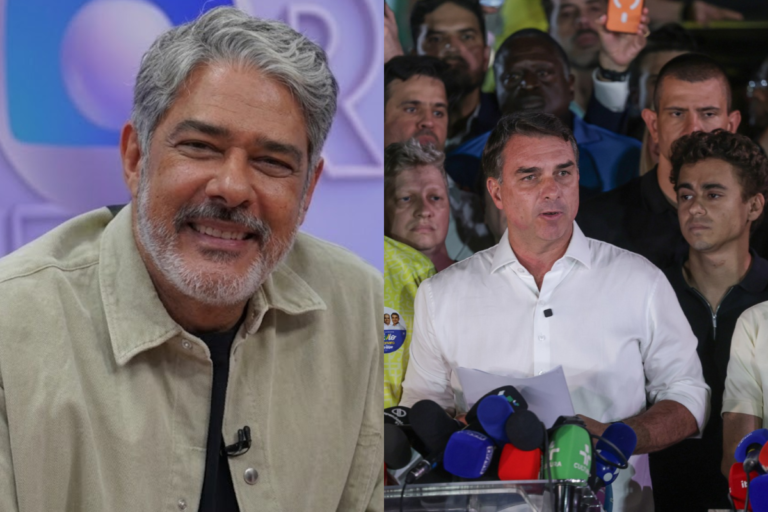 William Bonner sorrindo e Flávio Bolsonaro sério